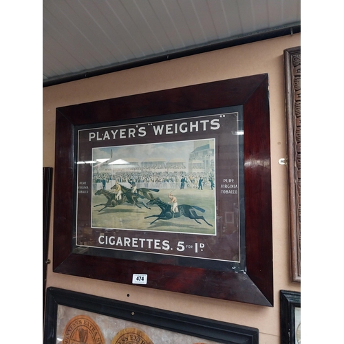 474 - Player's Weights cigarettes framed advertising showcard {56 cm H x 63 cm W}.