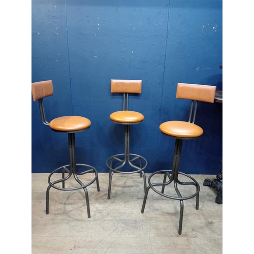 477A - Set of three Industrial high stools with tan leather seats and back  {H 114cm x Seat H 83cm x D 46cm... 