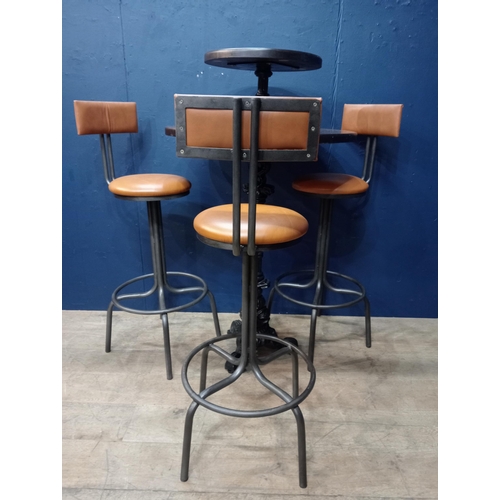 477A - Set of three Industrial high stools with tan leather seats and back  {H 114cm x Seat H 83cm x D 46cm... 