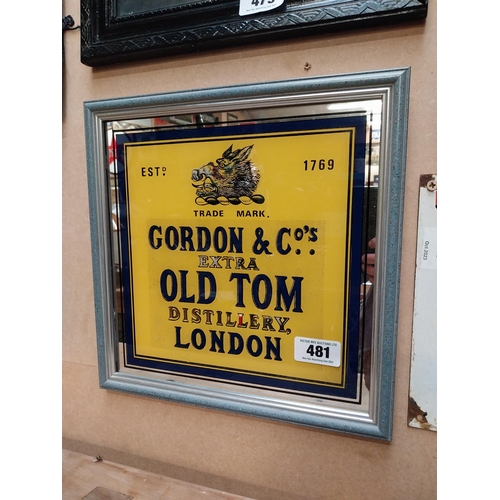 481 - Gordon and Co Old Tom distillery London advertising mirror. {34 cm H x 34 cm W}.