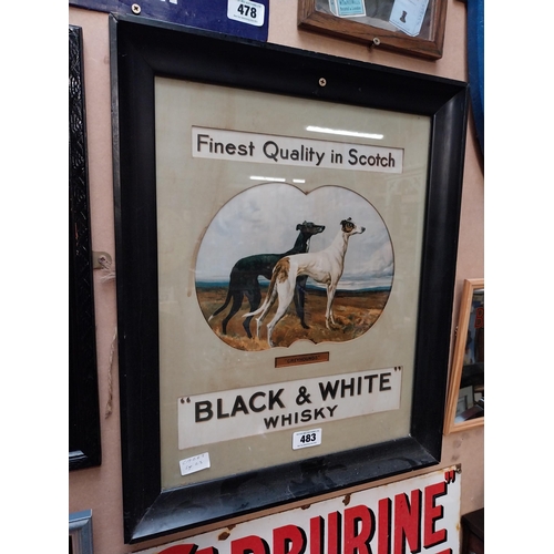 483 - Black and White Scotch Whiskey framed advertising print. {59 cm H x 49 cm W}.