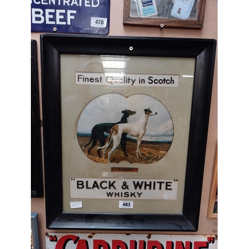 483 - Black and White Scotch Whiskey framed advertising print. {59 cm H x 49 cm W}.