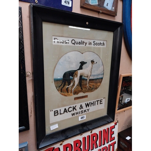 483 - Black and White Scotch Whiskey framed advertising print. {59 cm H x 49 cm W}.