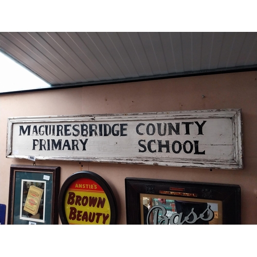 486 - Painted Wood Framed Maguiresbridge County Primary School sign {23 cm H x 106 cm W}.