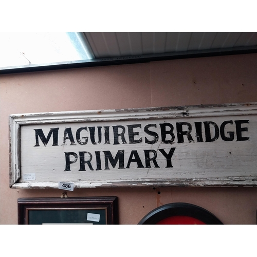 486 - Painted Wood Framed Maguiresbridge County Primary School sign {23 cm H x 106 cm W}.