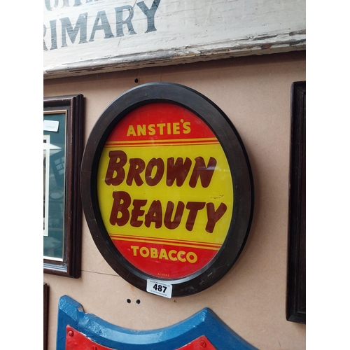 487 - Anstie's Brown Beauty Tobacco reverse painted glass advertising sign {36 cm H x 31 cm W}.