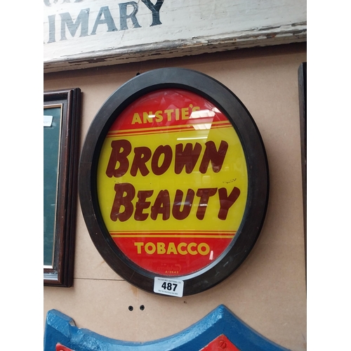 487 - Anstie's Brown Beauty Tobacco reverse painted glass advertising sign {36 cm H x 31 cm W}.