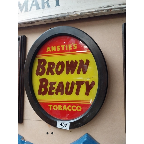 487 - Anstie's Brown Beauty Tobacco reverse painted glass advertising sign {36 cm H x 31 cm W}.