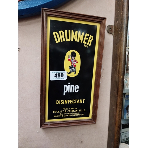 490 - Drummer Pine Disinfectant tin plate framed advertising sign. {32 cm H x 17 cm W}