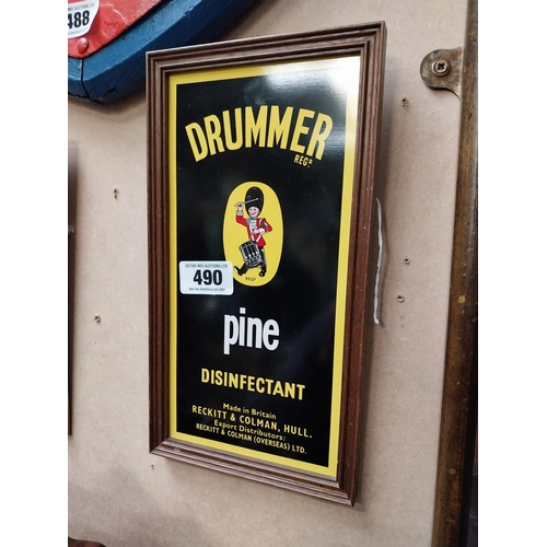 490 - Drummer Pine Disinfectant tin plate framed advertising sign. {32 cm H x 17 cm W}