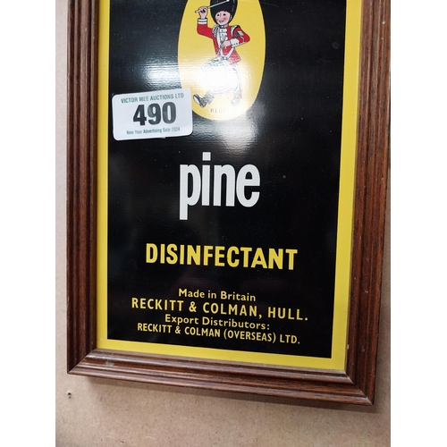 490 - Drummer Pine Disinfectant tin plate framed advertising sign. {32 cm H x 17 cm W}