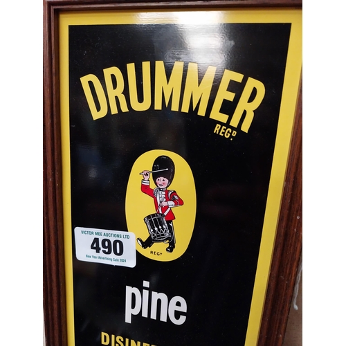 490 - Drummer Pine Disinfectant tin plate framed advertising sign. {32 cm H x 17 cm W}