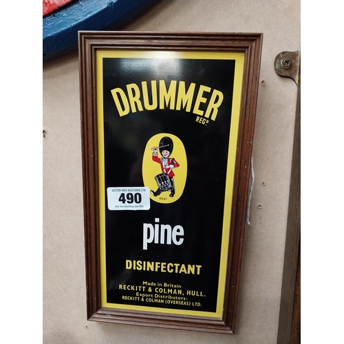 490 - Drummer Pine Disinfectant tin plate framed advertising sign. {32 cm H x 17 cm W}