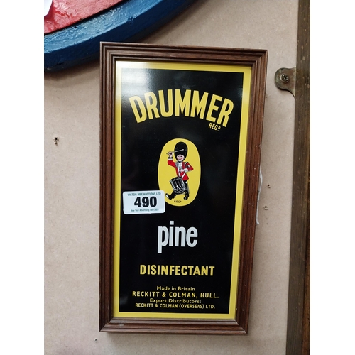 490 - Drummer Pine Disinfectant tin plate framed advertising sign. {32 cm H x 17 cm W}