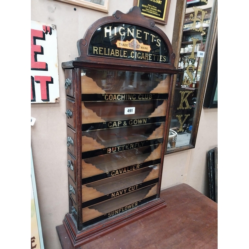 491 - Early 20th C. Hignett's Reliable Cigarettes advertising dispensing cabinet on reverse painted glass.... 