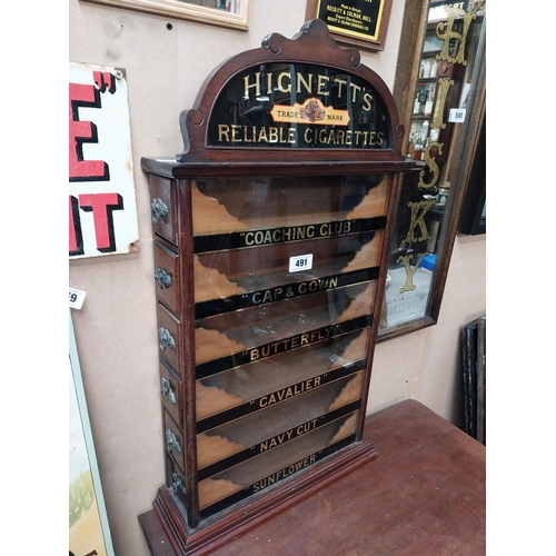 491 - Early 20th C. Hignett's Reliable Cigarettes advertising dispensing cabinet on reverse painted glass.... 