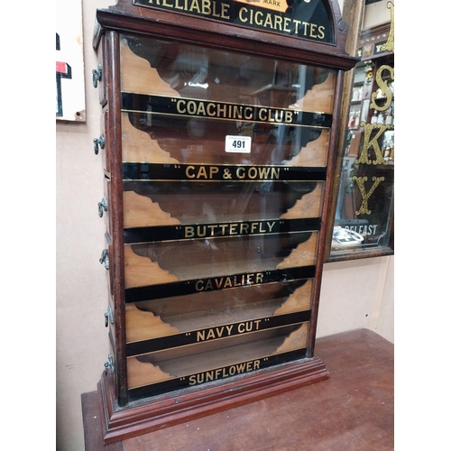 491 - Early 20th C. Hignett's Reliable Cigarettes advertising dispensing cabinet on reverse painted glass.... 