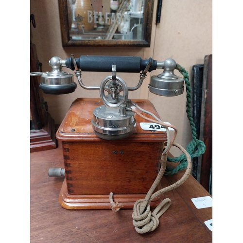 494 - Early 1900's mahogany and chrome telephone. {24 cm H x 19 cm W x 19 cm D}