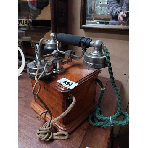 494 - Early 1900's mahogany and chrome telephone. {24 cm H x 19 cm W x 19 cm D}