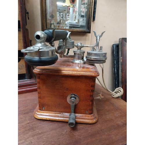 494 - Early 1900's mahogany and chrome telephone. {24 cm H x 19 cm W x 19 cm D}