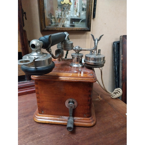 494 - Early 1900's mahogany and chrome telephone. {24 cm H x 19 cm W x 19 cm D}