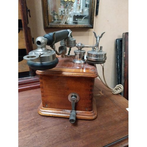 494 - Early 1900's mahogany and chrome telephone. {24 cm H x 19 cm W x 19 cm D}