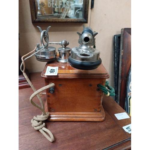 494 - Early 1900's mahogany and chrome telephone. {24 cm H x 19 cm W x 19 cm D}