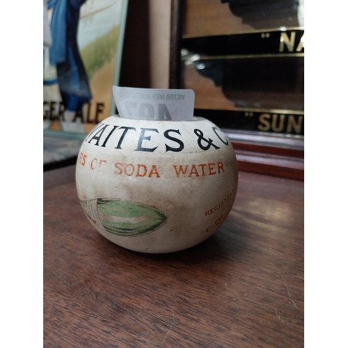 497 - Early 20th C. Thwaites Soda Dublin advertising Stoneware match holder. {7 cm H x 9 Dia}.