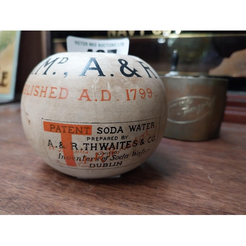 497 - Early 20th C. Thwaites Soda Dublin advertising Stoneware match holder. {7 cm H x 9 Dia}.