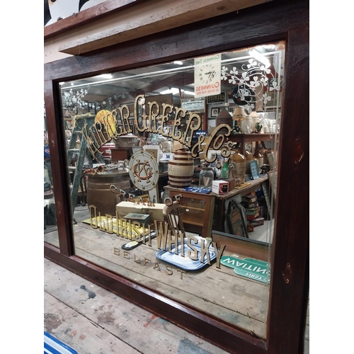 50 - Early 20th C. Kirker and Greer Old Irish Whisky tryptich bar back advertising mirror in stained teak... 