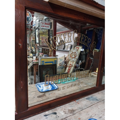 50 - Early 20th C. Kirker and Greer Old Irish Whisky tryptich bar back advertising mirror in stained teak... 