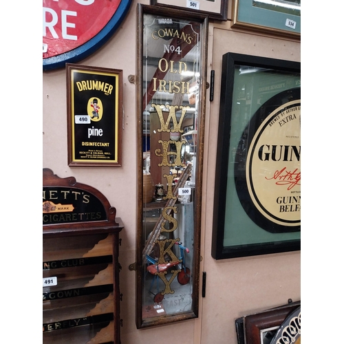 500 - Cowans  No 4 Old Irish Whiskey framed pillar advertising mirror. {111 cm H x 25 cm W}.