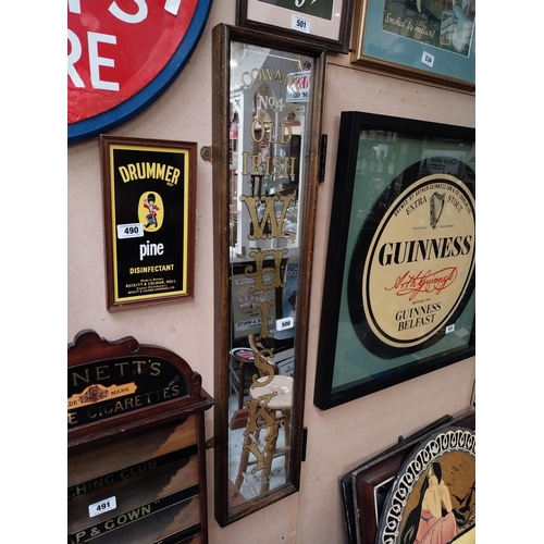 500 - Cowans  No 4 Old Irish Whiskey framed pillar advertising mirror. {111 cm H x 25 cm W}.