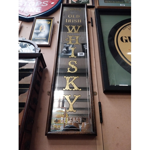 500 - Cowans  No 4 Old Irish Whiskey framed pillar advertising mirror. {111 cm H x 25 cm W}.