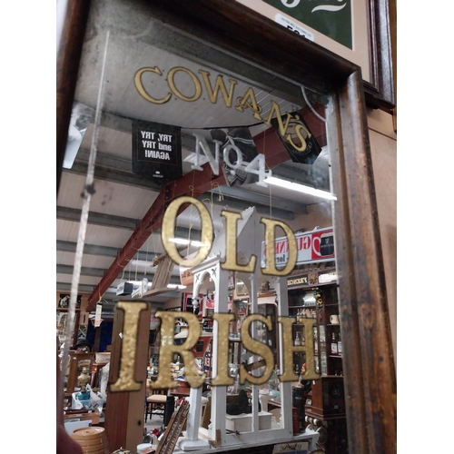 500 - Cowans  No 4 Old Irish Whiskey framed pillar advertising mirror. {111 cm H x 25 cm W}.