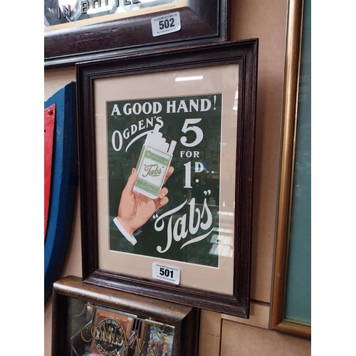 501 - A Good Hand Ogden's Tabs framed advertising print {37cm H X 28cm W}.