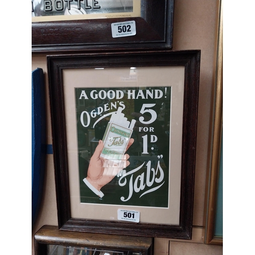 501 - A Good Hand Ogden's Tabs framed advertising print {37cm H X 28cm W}.