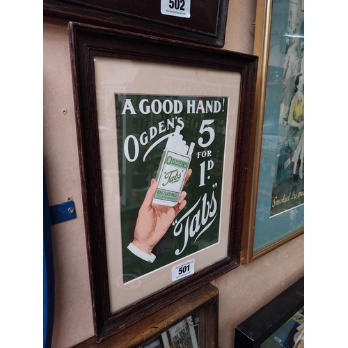 501 - A Good Hand Ogden's Tabs framed advertising print {37cm H X 28cm W}.