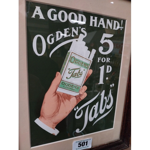 501 - A Good Hand Ogden's Tabs framed advertising print {37cm H X 28cm W}.