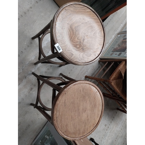 506 - Two bentwood bar stools. {80 cm H x 37 cm Dia.}.