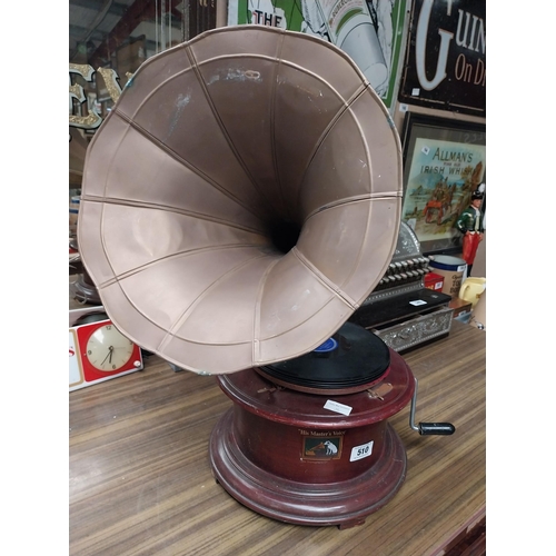 510 - His Master's Voice gramophone with brass horn. {75 cm H x 30 cm Dia.}