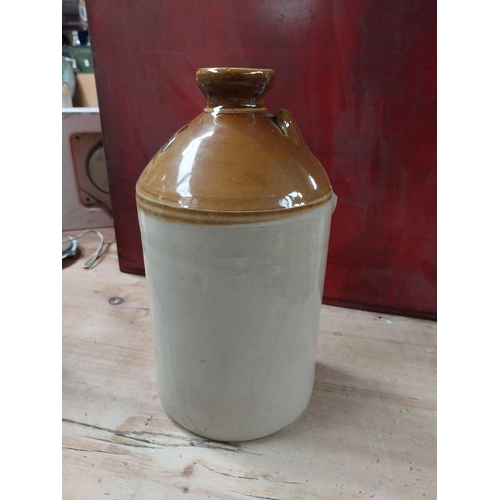 514 - J P Thomas 11 Broad Street Stamford stoneware flagon. {24 cm H x 17 cm Dia.} and Balls Anti Curd sto... 