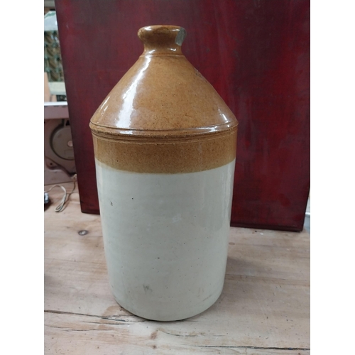 514 - J P Thomas 11 Broad Street Stamford stoneware flagon. {24 cm H x 17 cm Dia.} and Balls Anti Curd sto... 