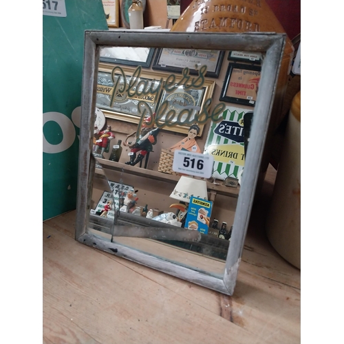 516 - Player's Please framed advertising mirror with damage. {28 cm H x 22 cm W}