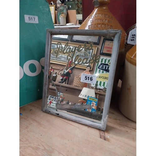 516 - Player's Please framed advertising mirror with damage. {28 cm H x 22 cm W}