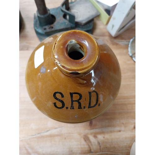 520 - Robinson and Riddley Wellingborough stoneware flagon {34 cm H x 15 cm Dia.} and SRD stoneware flagon... 