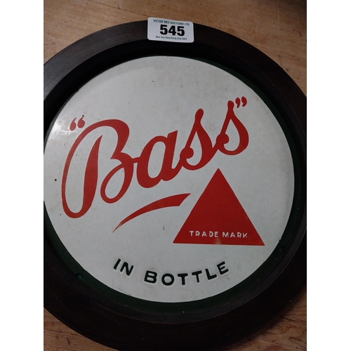 545 - Bass in Bottle framed enamel advertising sign {31 cm H x 31 cm W}.