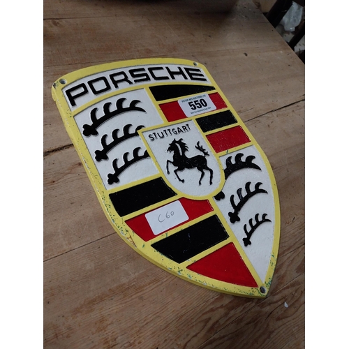 550 - Porsche cast iron plaque {30 cm H x 20 cm W}.