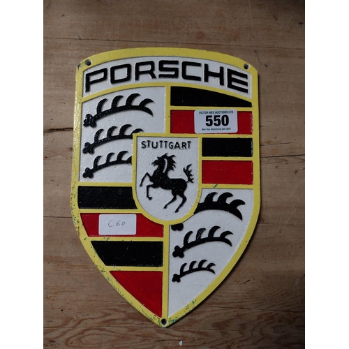 550 - Porsche cast iron plaque {30 cm H x 20 cm W}.