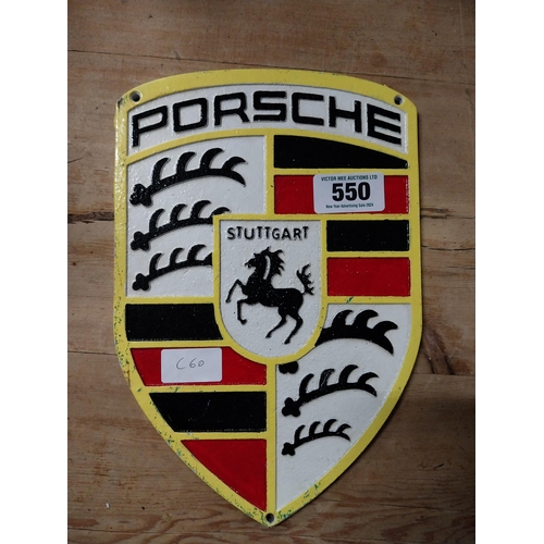 550 - Porsche cast iron plaque {30 cm H x 20 cm W}.